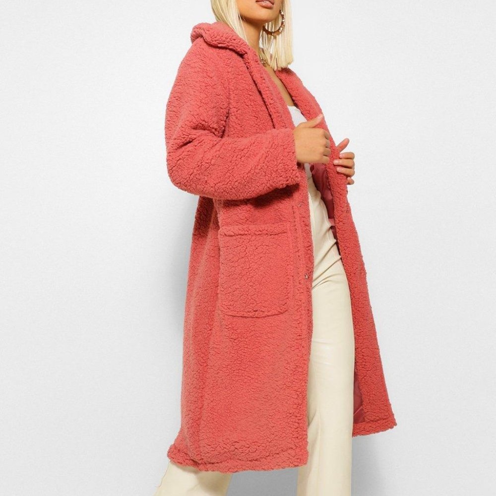 Boohoo Long Rose Pink Teddy Coat